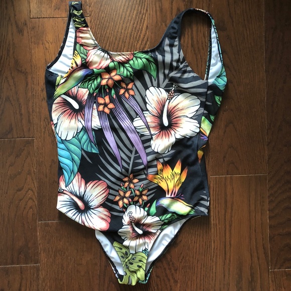 Dark tropical flowers leotard-swimsuit - Picture 3 of 5